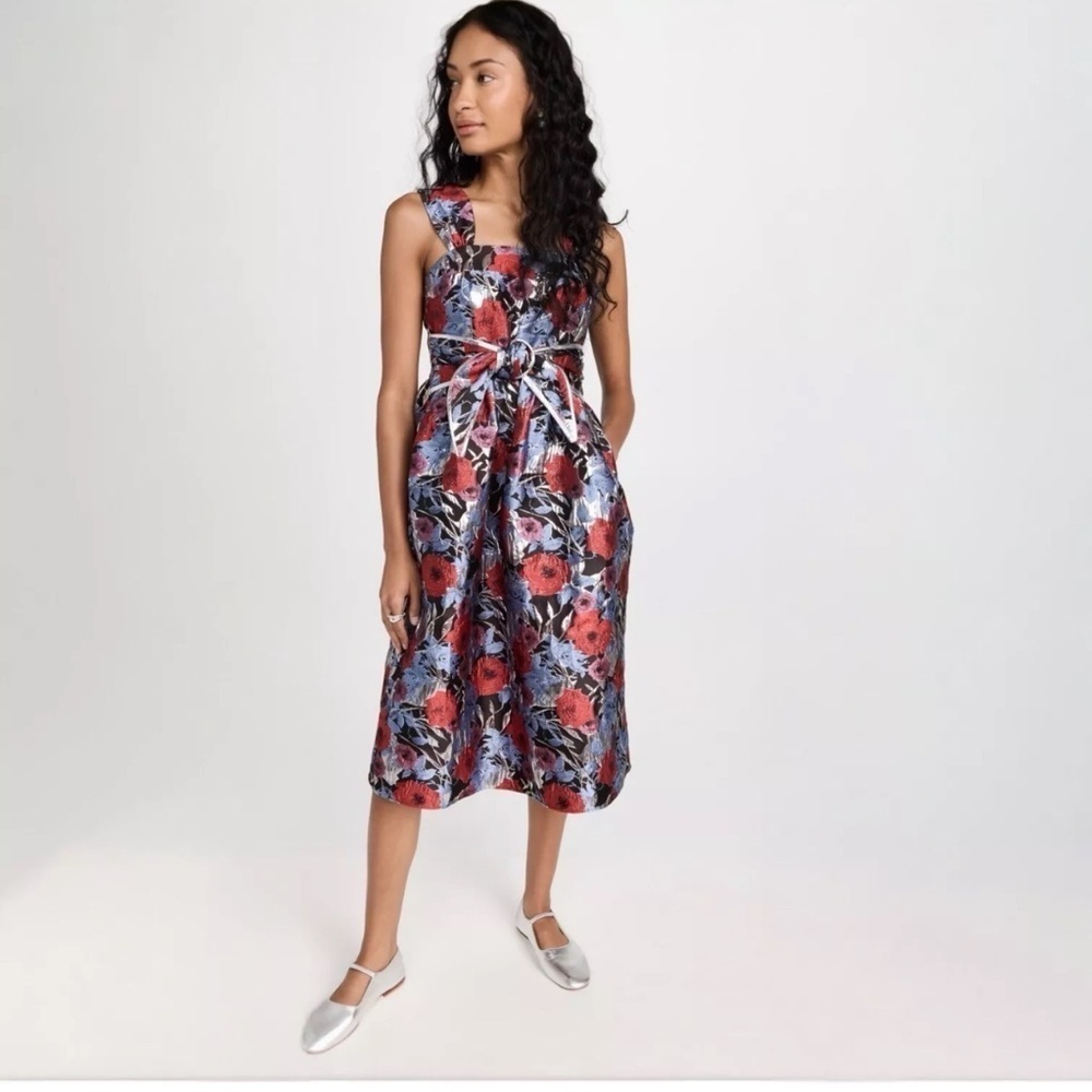 New Autumn Adeigbo Gabriella Floral Metallic Jacquard Midi Dress Size 2